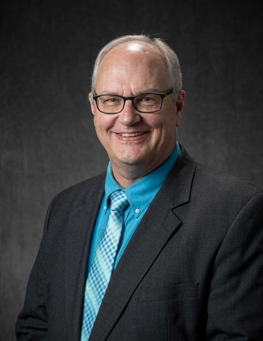 Studio photography of a smiling middle-aged man wearing glasses and a suit. The portrait conveys a professional and friendly demeanor.
