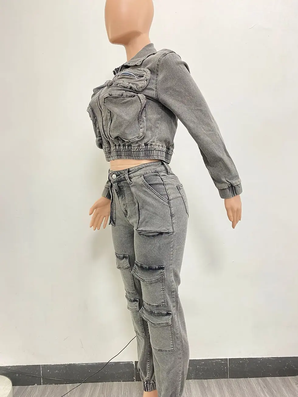 Thumbnail: Boutique Denim Jeans Jacket & Pants Two Piece Set Casual Streetwear Women