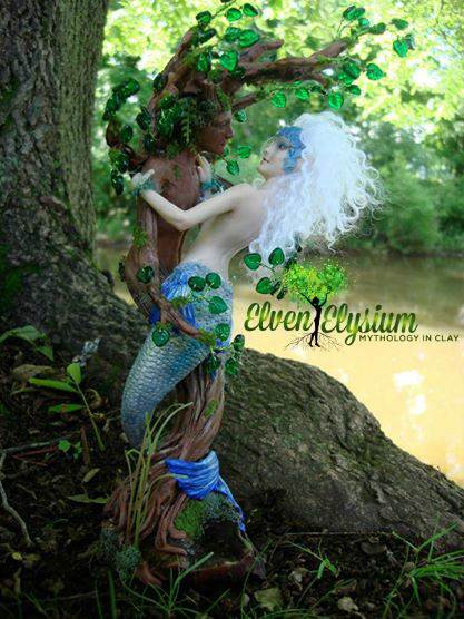 a brown make dryad with branches for arms cradles a blue-tailed white haired mermaid whose tail is wrapped around his trunk.