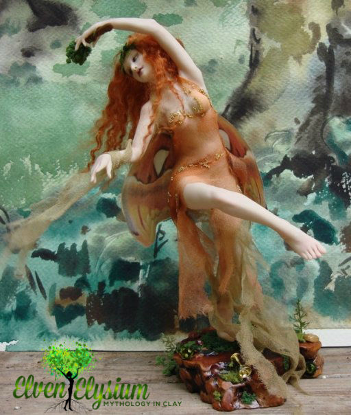 a red haired nymph with a pine cone wand in peach dancing