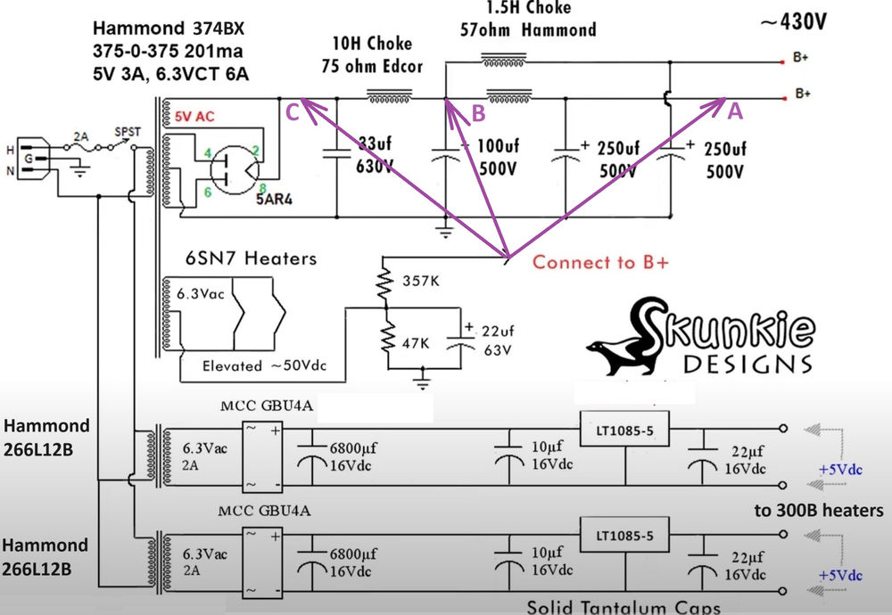Budget 300B elevated centre tap for 6SN7 heaters SkunkieDesigns