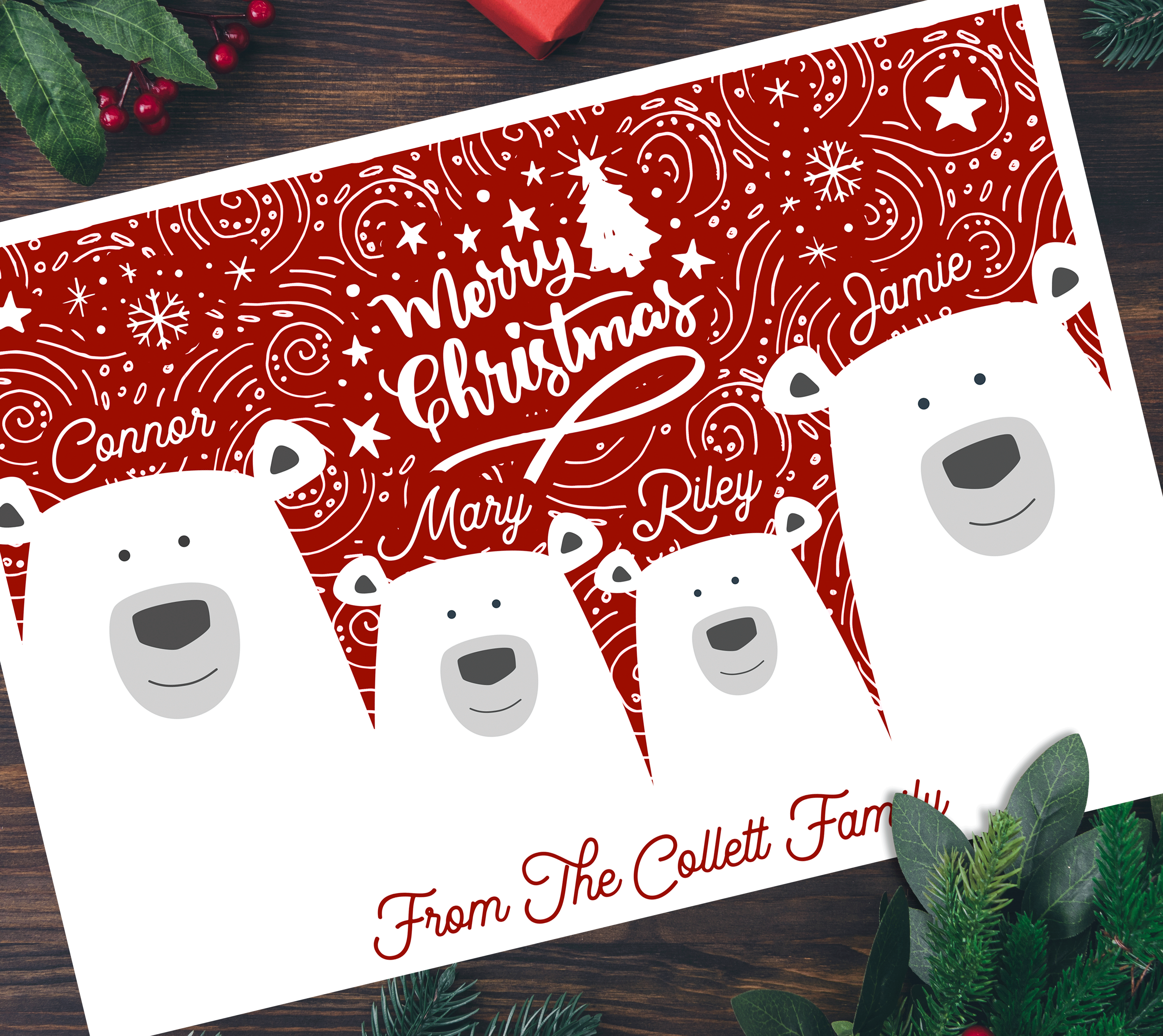 Pack of A5 Polar Bear Personalised Family Christmas Cards