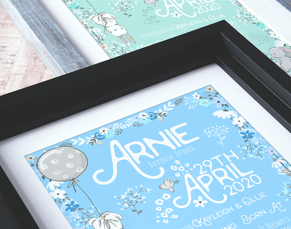 Thumbnail: BLUE & GREY Bunny Rabbit Birth Details New Baby Gift