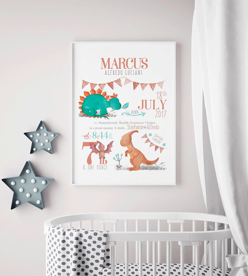 Thumbnail: Personalised Watercolour Dinosaur Birth Print