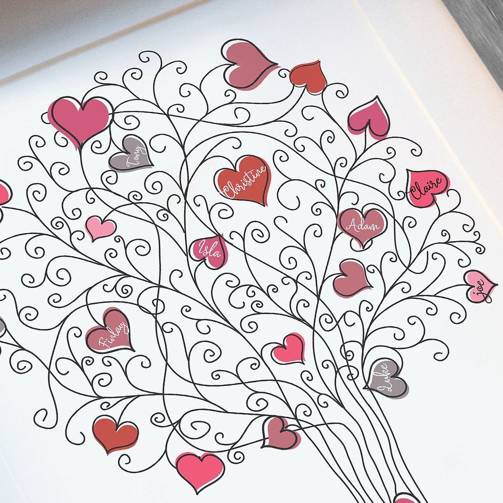 Thumbnail: Personalised Illustrated Hearts Family Tree Print - Mustard & Grey