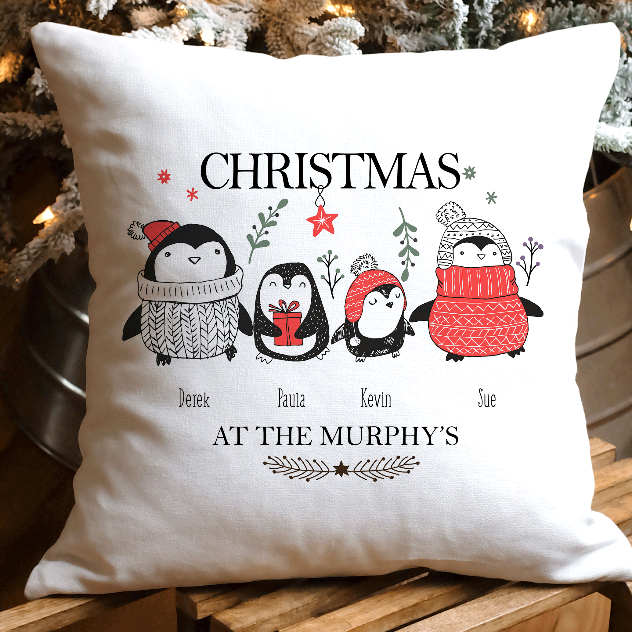 Personalised Family Christmas Penguins Cushion