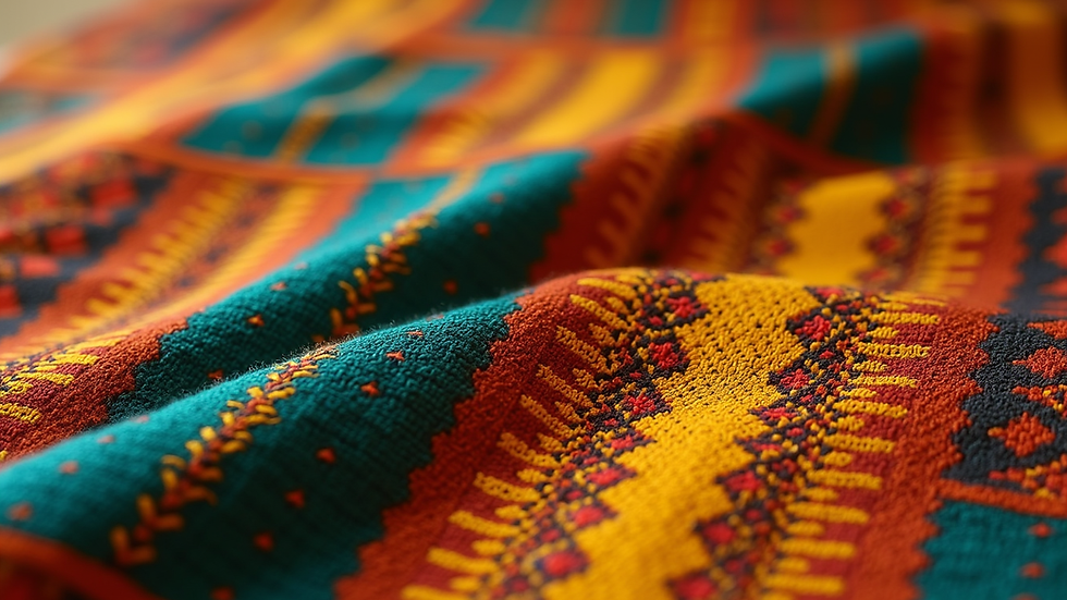 Close-up view of colorful kente fabric showing intricate patterns