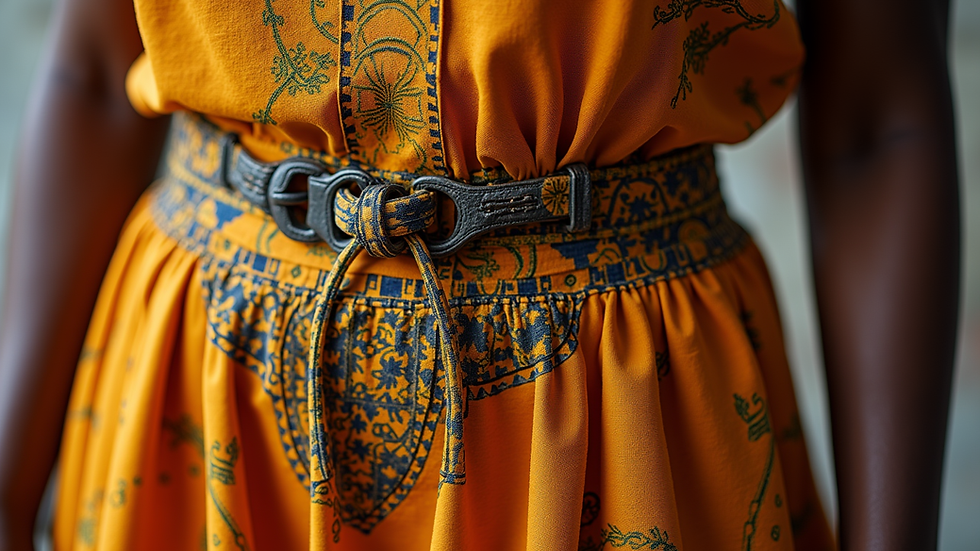 Close-up view of a kente dress with a belt accentuating the waist