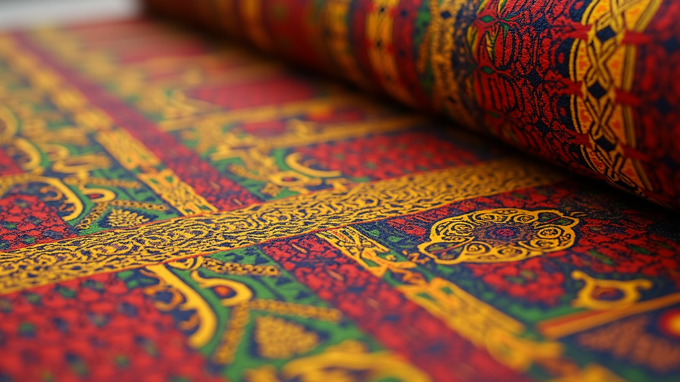 Eye-level view of a kente fabric roll showcasing vibrant colors and intricate patterns