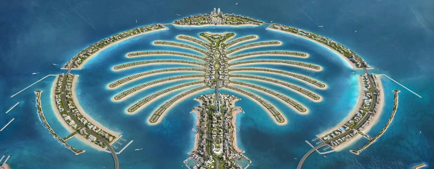 Detailed top-down aerial view of the iconic palm fronds and crescent structure.