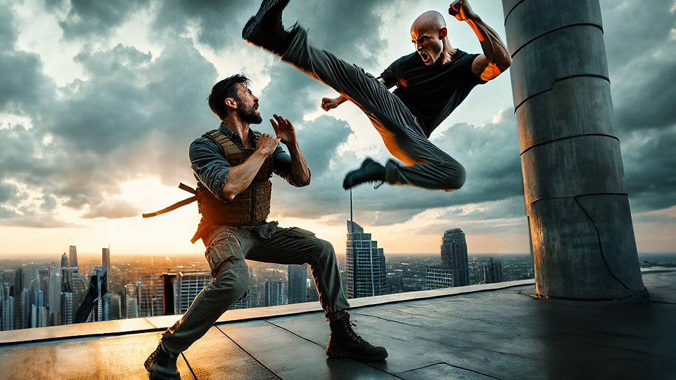 Eye-level view of a stunt performer prepping for an aerial jump
