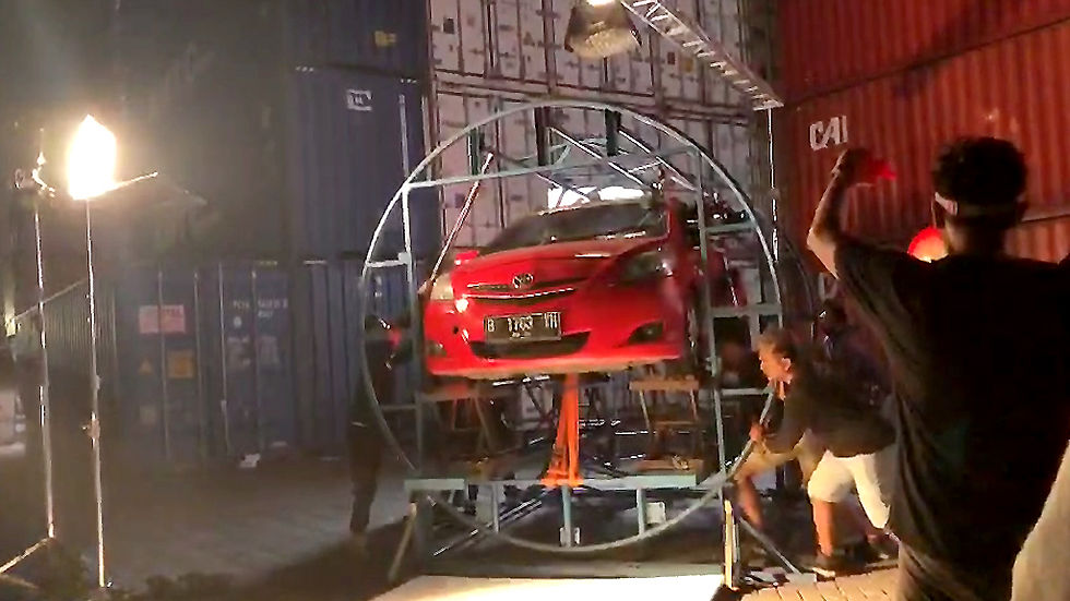 Wide angle view of a film set with stunt equipment