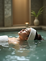 A calming Japanese head spa setting with gentle water flow, soft lighting, and calming bot