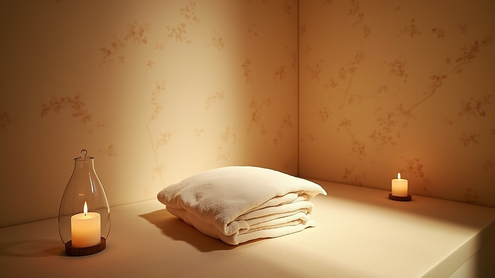 Eye-level view van een serene Japanse headspa ruimte met zachte verlichting