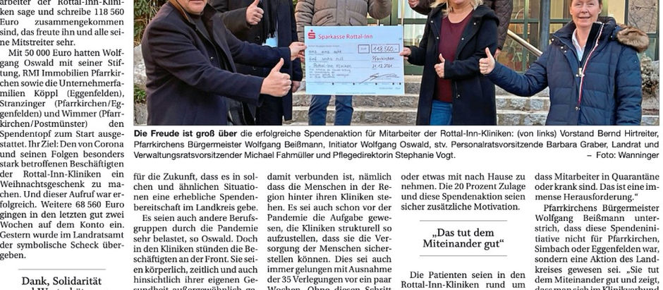 Spendenaktion für Klinik-Mitarbeiter bringt 118 560 Euro ein