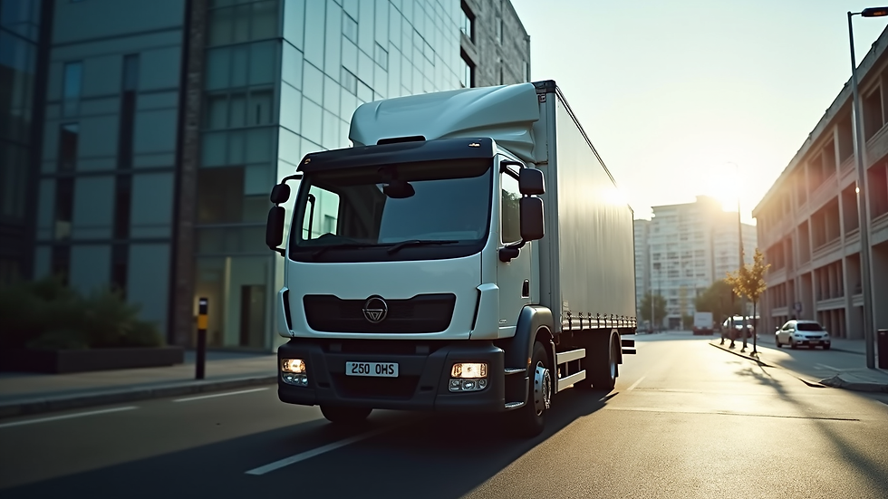 Close-up view of a moving truck parked outside a London office building
