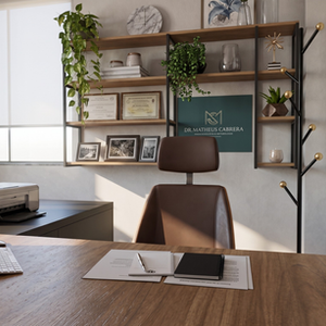 Projeto de interiores consultório com prateleiras madeira nobre e estrutura metal preto estilo industrial 1