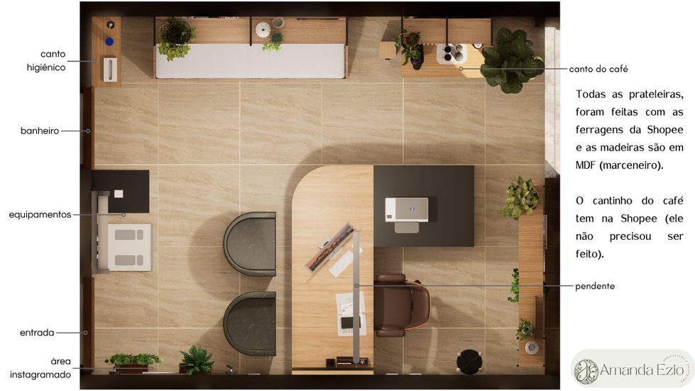 Projeto de interiores consultório com prateleiras madeira nobre e estrutura metal preto estilo industrial 2