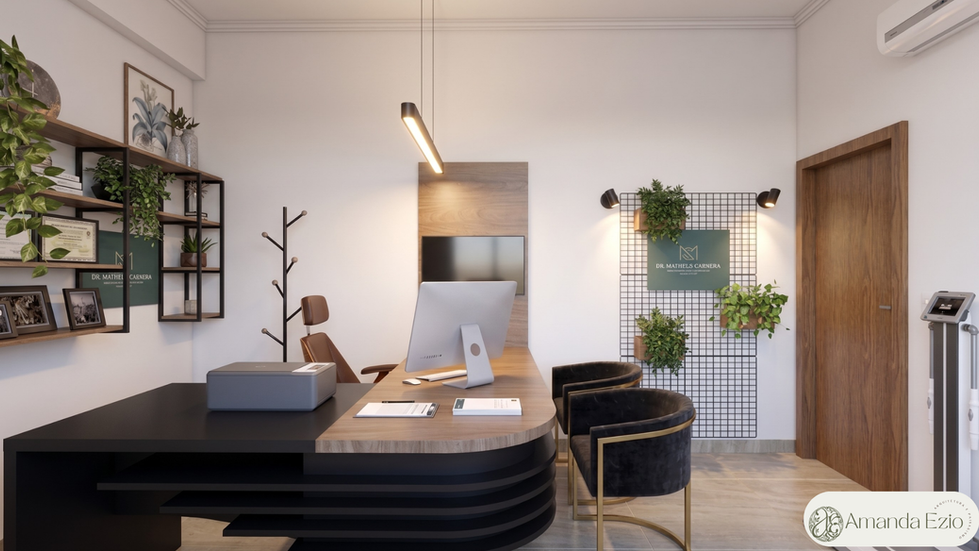 Projeto de interiores consultório com prateleiras madeira nobre e estrutura metal preto estilo industrial 6