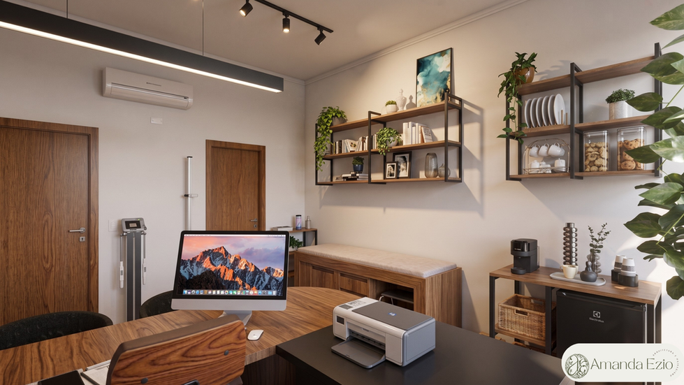 Projeto de interiores consultório com prateleiras madeira nobre e estrutura metal preto estilo industrial 3