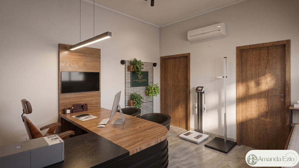 Projeto de interiores consultório com prateleiras madeira nobre e estrutura metal preto estilo industrial 8