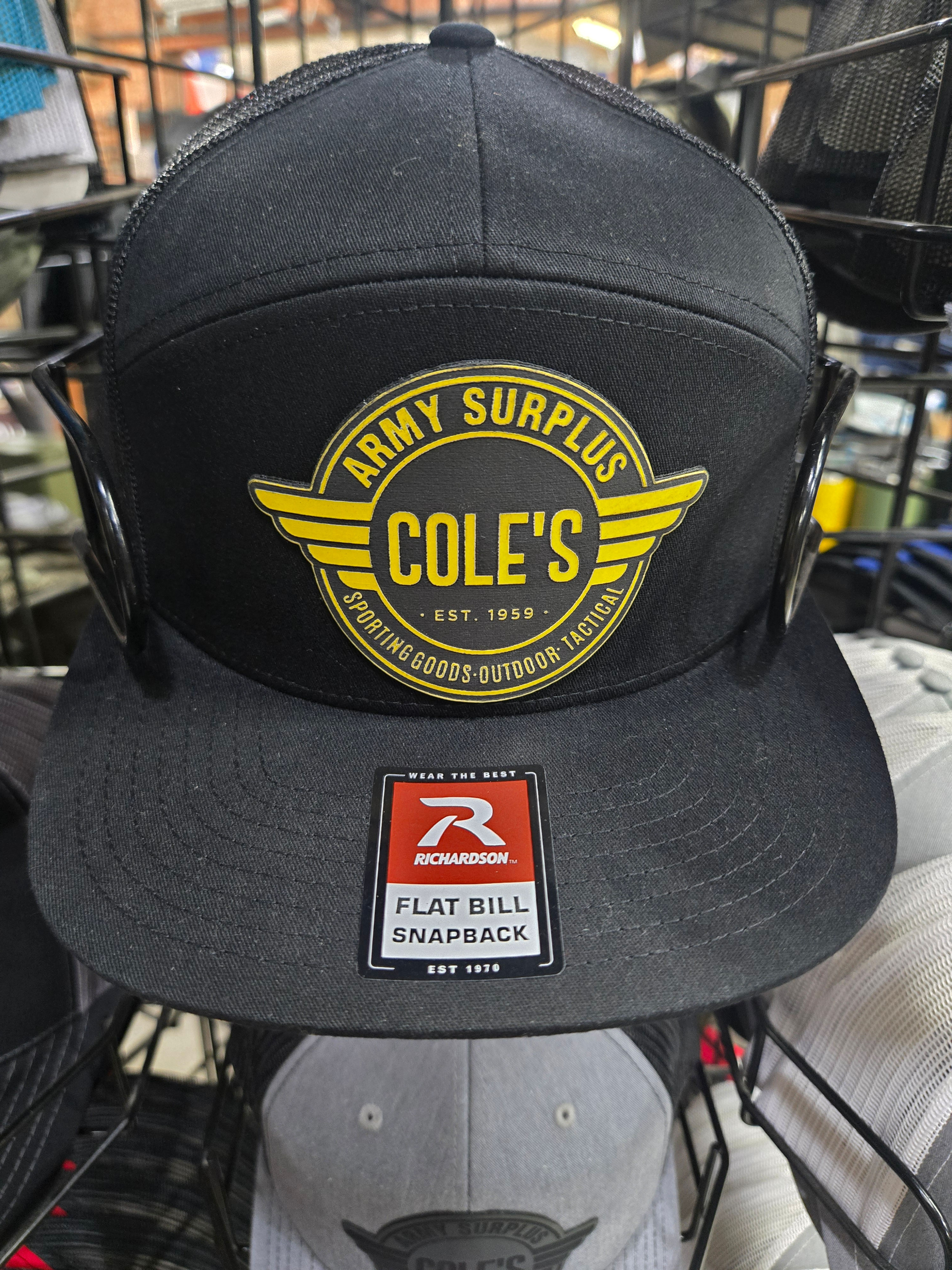 Cole's Logo Richarson Flat Bill Snapback Leather Patch Hat