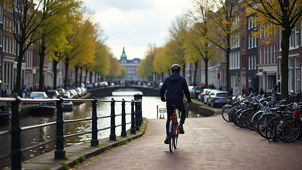 Wide angle view of a bike lane along a canal with colorful buildings in Amsterdam