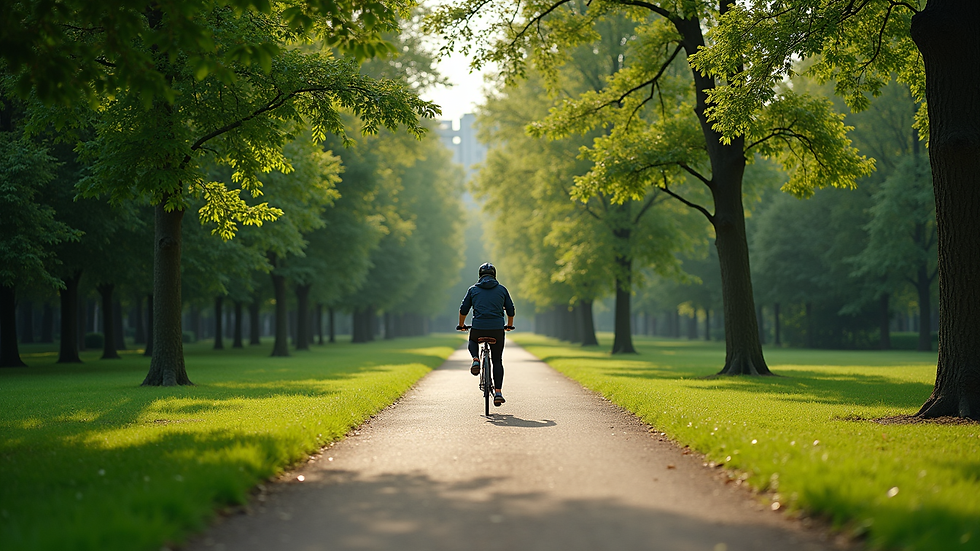 Wide angle view of a bike path along a green park in Amsterdam