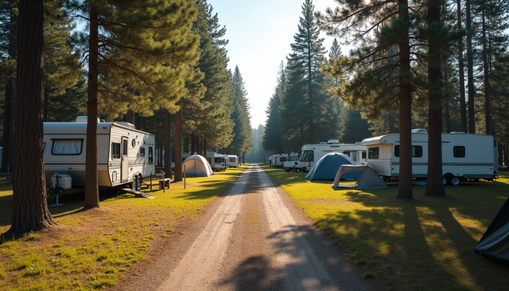Wide angle view of a forested campground with tents and RVs in Chadron State Park