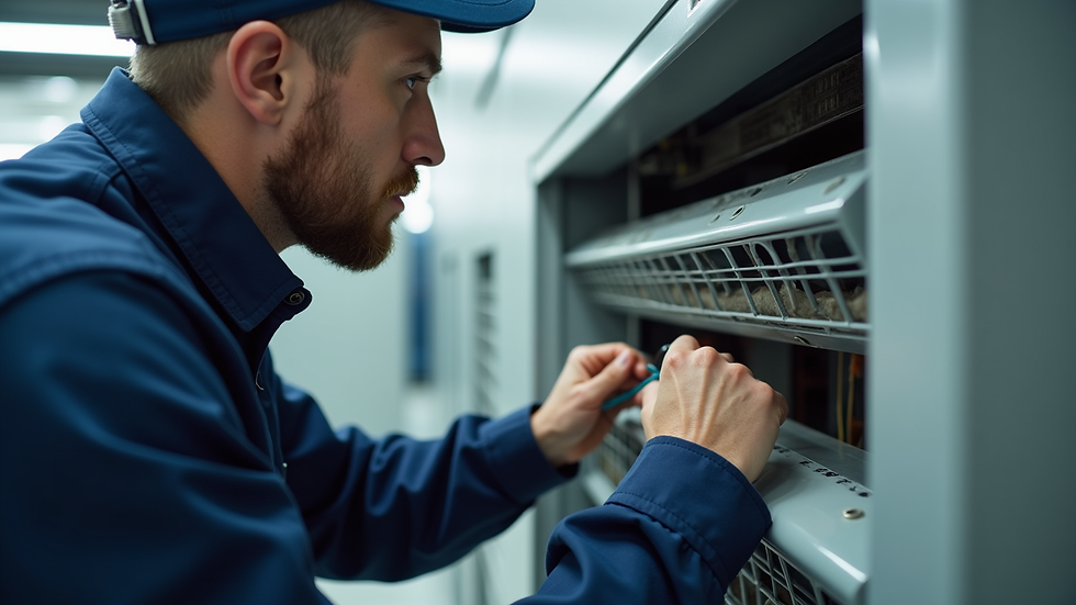 Close-up view of HVAC technician inspecting a commercial air conditioning unit