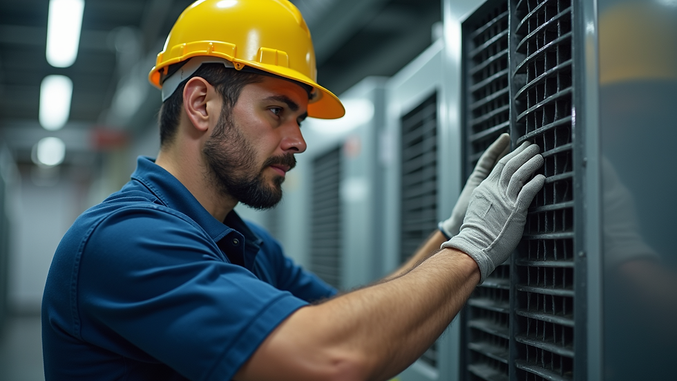 Close-up view of HVAC technician inspecting a commercial air handler
