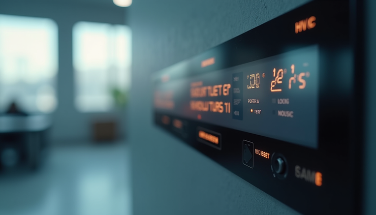 Close-up view of HVAC control panel showing temperature settings and system status