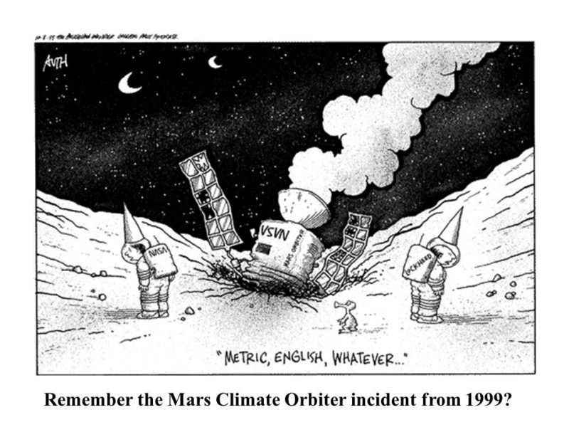 Newspaper cartoon depicting the incongruence in the units used by NASA and Lockheed Martin scientists that led to the Mars Climate Orbiter disaster