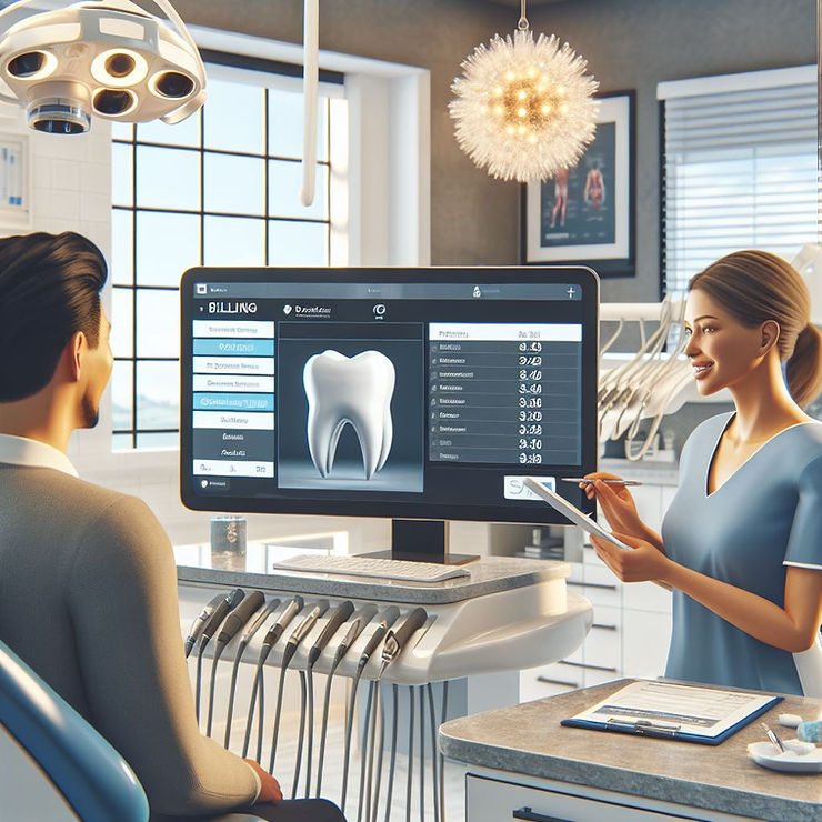 a man and woman sharing a computer screen looking at a picture of a tooth on a computer screen they are in a dental operatory and a very clean environment