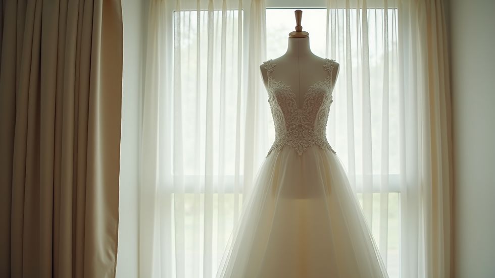 Eye-level view of a wedding dress hanging on a mannequin