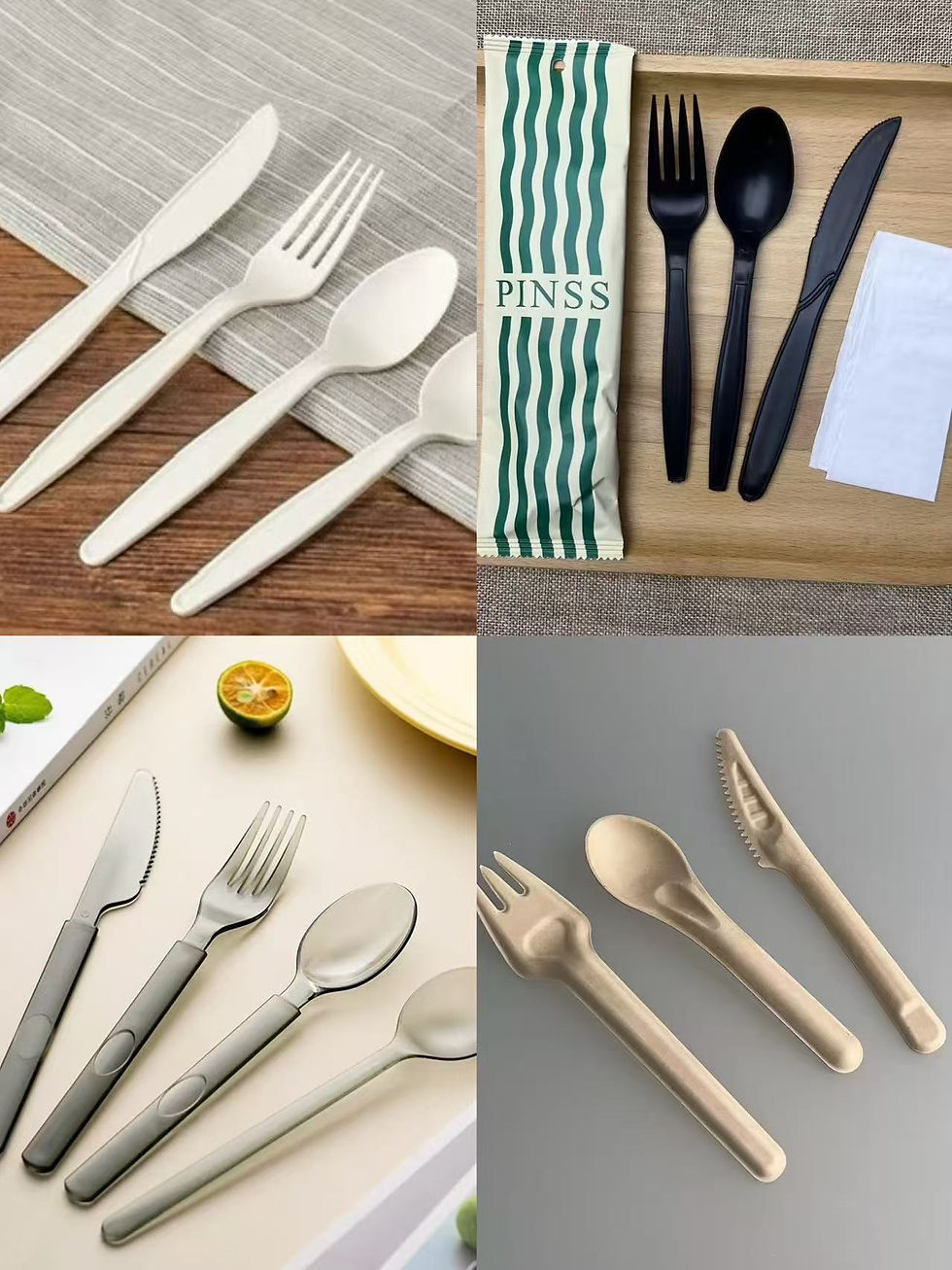 Side-by-side comparison of four disposable cutlery materials: traditional plastic (PS/PP), reusable non-disposable plastic, compostable PLA, and biodegradable bagasse (sugarcane) utensils – helping caterers balance cost, durability, and environmental impact