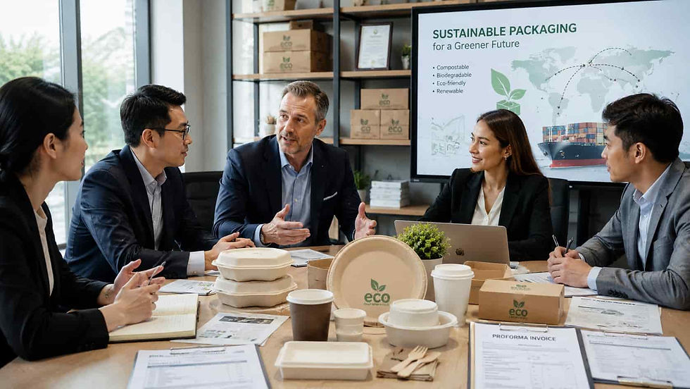 International buyers discussing eco packaging sourcing logistics