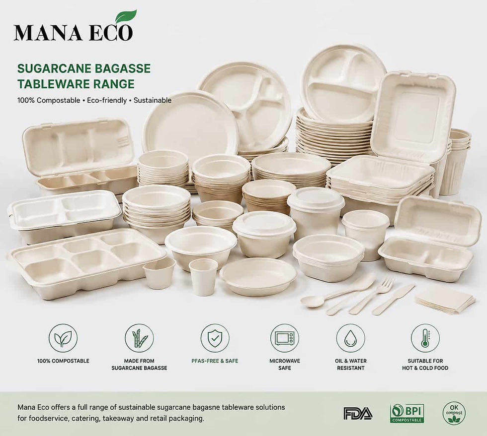 Complete sugarcane bagasse tableware product range including compostable plates bowls trays and food containers