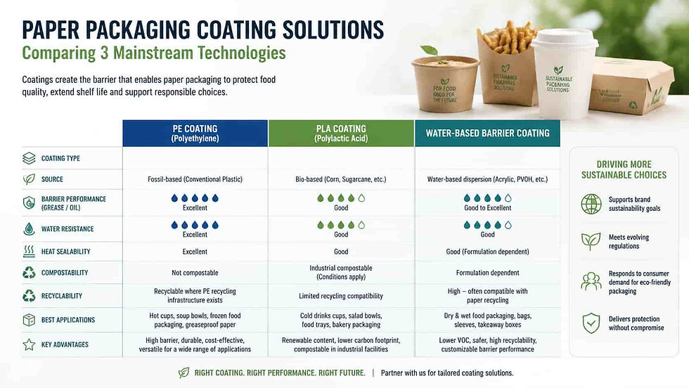 Comparison of PE coating, PLA coating and water-based barrier coating technologies for food packaging applications