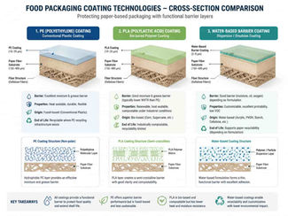 Technical illustration comparing PE coating, PLA coating and water-based barrier coating layers on fiber food packaging