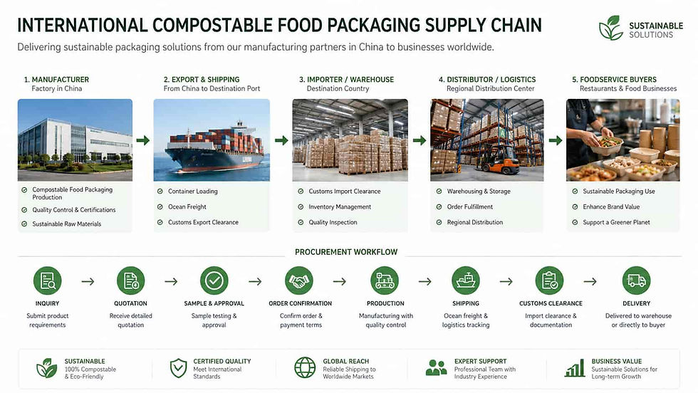 Compostable packaging supply chain showing manufacturer distributor importer and end user relationships