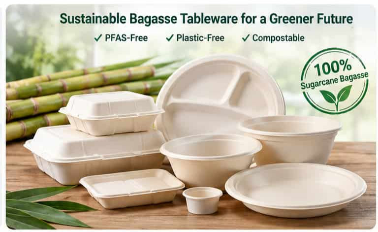 Sustainable bagasse tableware made from sugarcane fiber for foodservice applications