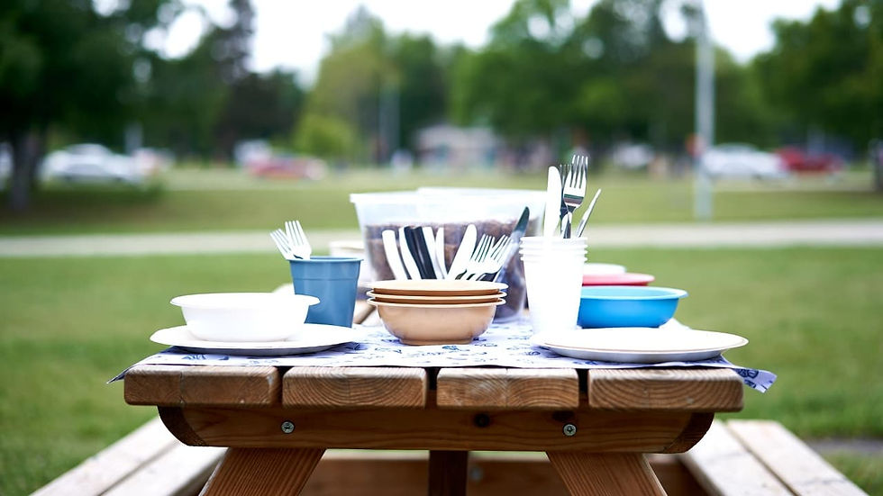 Outdoor picnic tableware setup with plates, cups, cutlery, and picnic tablecloth