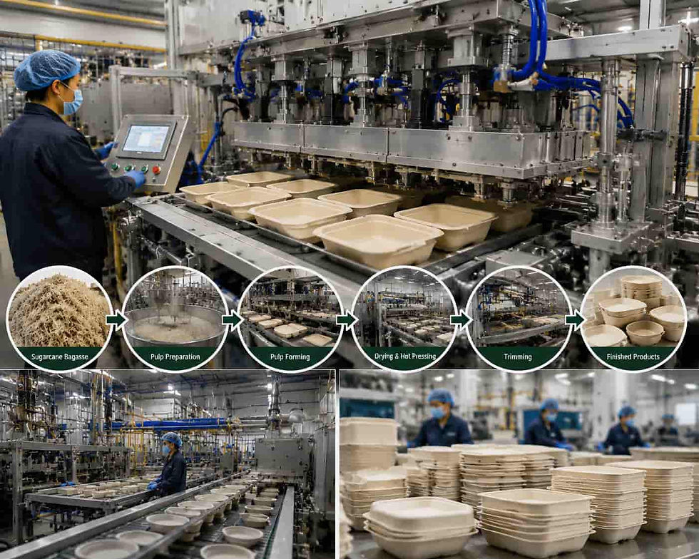 Molded fiber tableware production using sugarcane bagasse pulp and industrial forming equipment