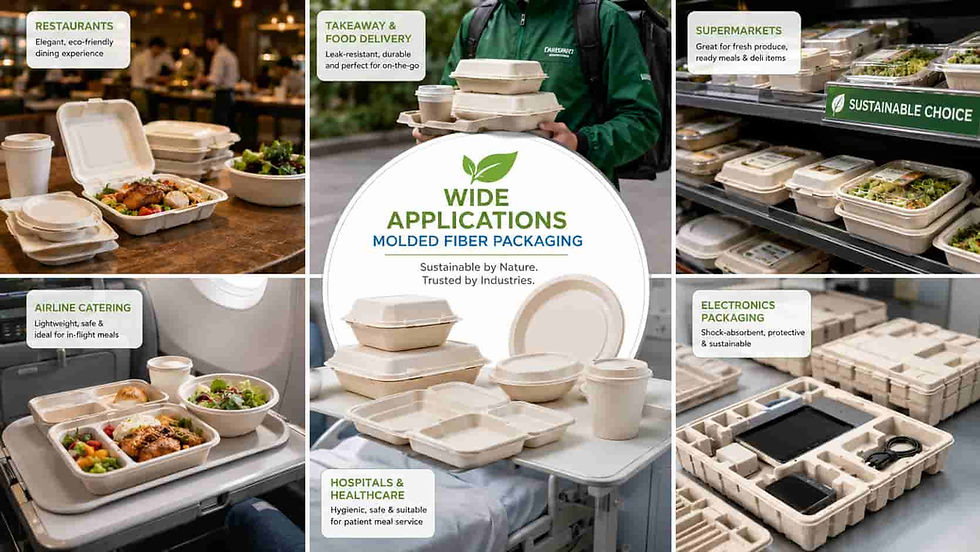 Applications of molded fiber packaging in restaurants food delivery supermarkets airlines hospitals and electronics packaging