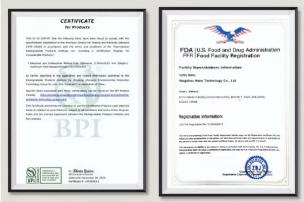BPI compostable certification and FDA food facility registration certificates for eco-friendly disposable tableware manufacturer Hangzhou Mana Technology