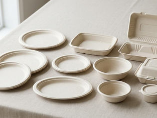 eco friendly bagasse tableware including plates bowls and takeaway containers