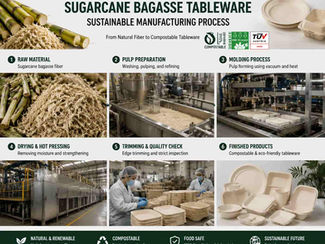 Sugarcane bagasse tableware manufacturing process from raw material preparation to finished compostable products