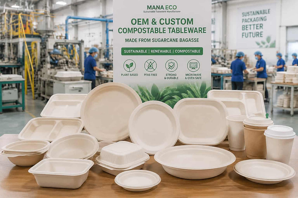 OEM compostable tableware manufacturer producing customized sugarcane bagasse products for global brands