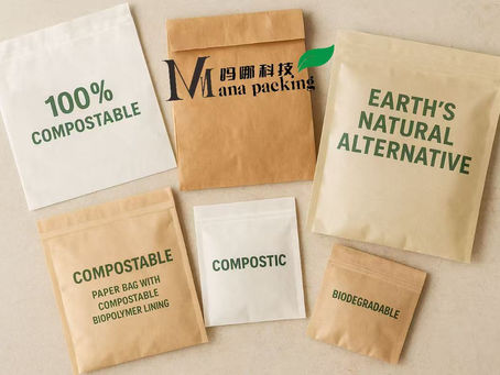 Various biodegradable food packaging bags made from PLA, PBAT, paper, and starch materials